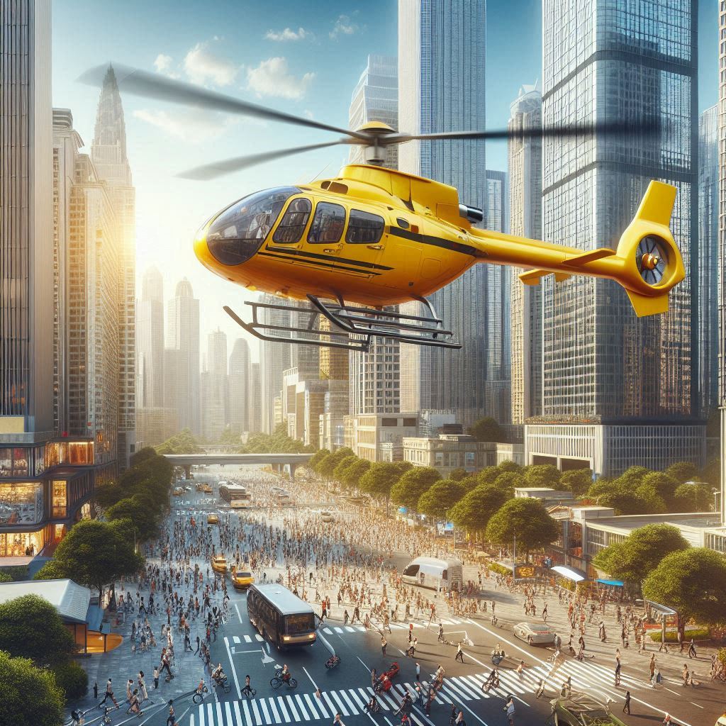 Helicopter above crowded urban environment in index