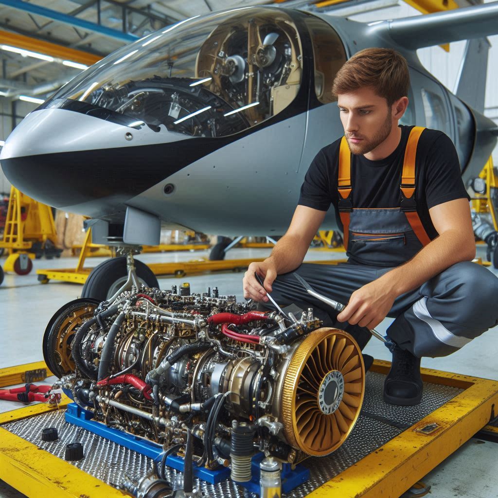 Engineer checking eVTOL aircraft engine for maintenance in index